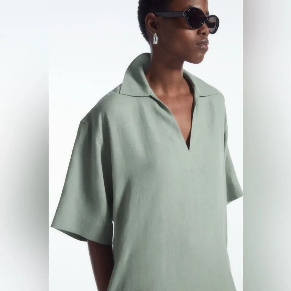 NWT COS OPEN-COLLAR LINEN SHIRT DRESS in mint green - Picture 5 of 13